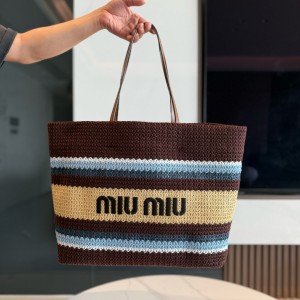 미우 미우 Miu Miu 5BG228 Raffia-Effect Woven Tote Bag Cocoa Brown Celeste Natural 40cm
