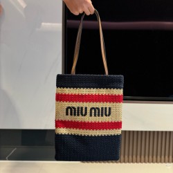 미우 미우 Miu Miu 5BG248 Raffia-Effect Woven Tote Bag Blue 30cm