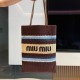 미우 미우 Miu Miu 5BG248 Raffia-Effect Woven Tote Bag Cocoa Brown Celeste Natural 30cm