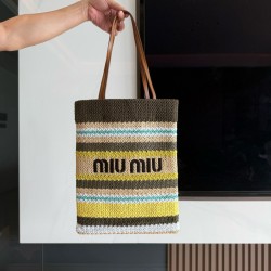 미우 미우 Miu Miu 5BG248 Raffia-Effect Woven Tote Bag Tundra Lemon Yellow Natural 30cm