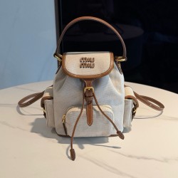 미우 미우 Miu Miu 5BZ043 캔버스 및 가죽 백팩 Beige Brandy 18cm