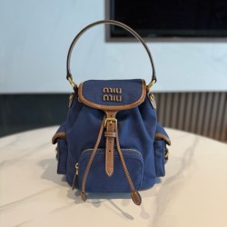 미우 미우 Miu Miu 5BZ043 캔버스 및 가죽 백팩 Cornflower Blue Brandy 18cm