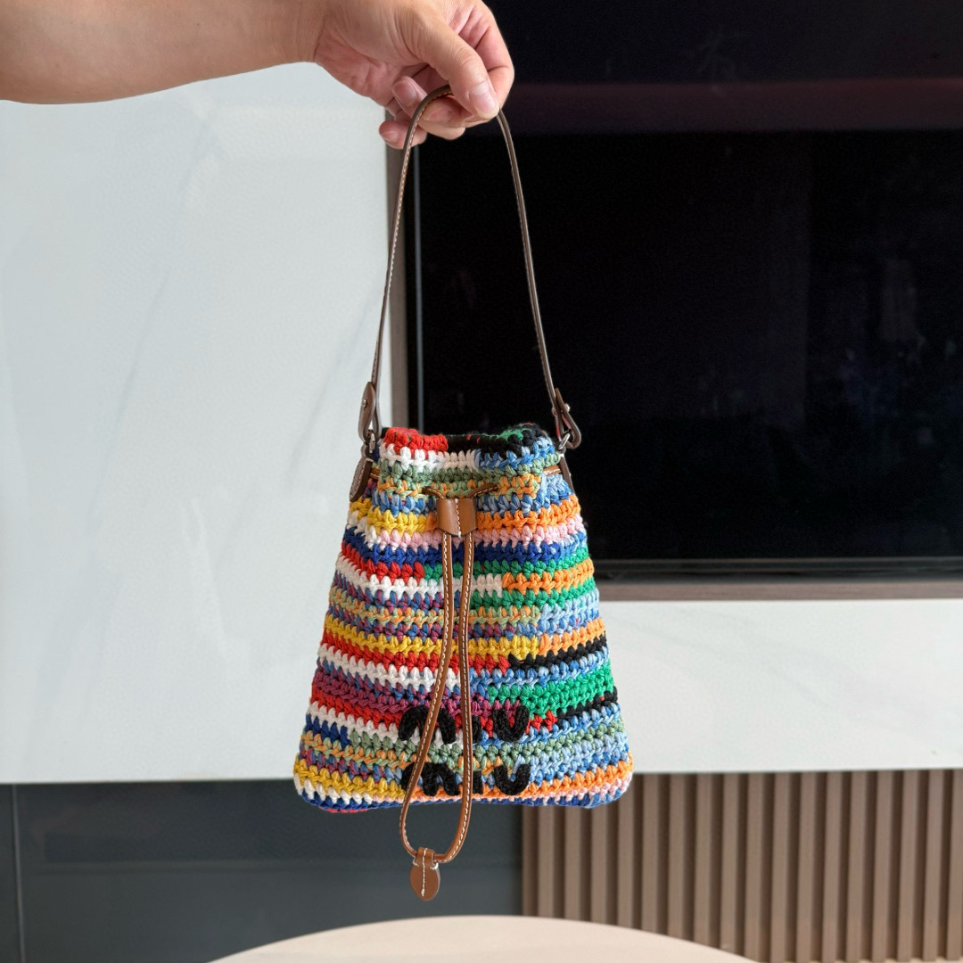 미우 미우 Miu Miu 5ND016 크로셰 및 가죽 파우치 멀티컬러 Multicolored 20cm