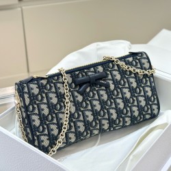 디올 Dior Promenade Bow Chain Pouch Dior Oblique Jacquard Blue