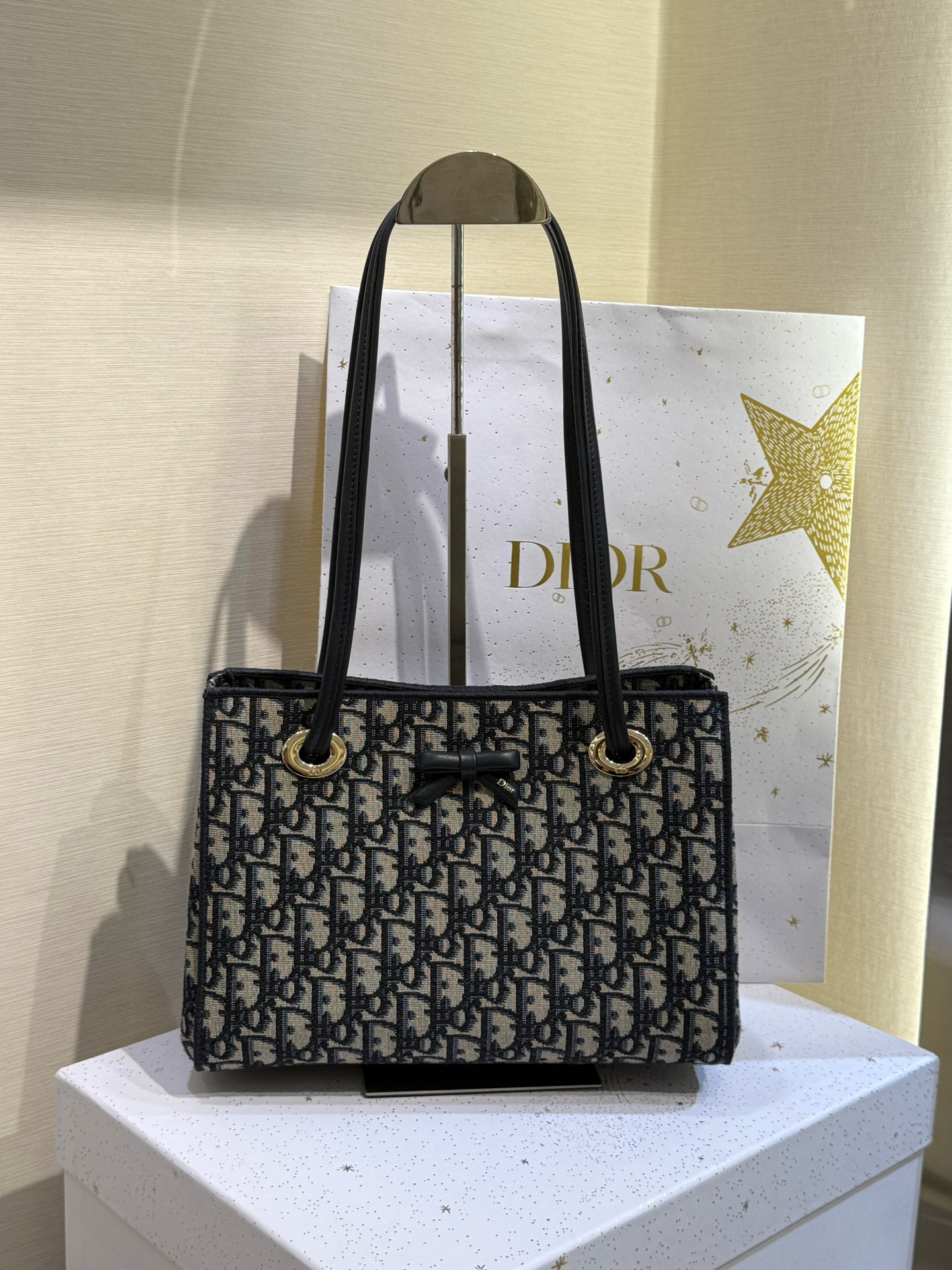 디올 Dior Promenade Oblique Jacquard Small Shopper Bag Blue 27cm