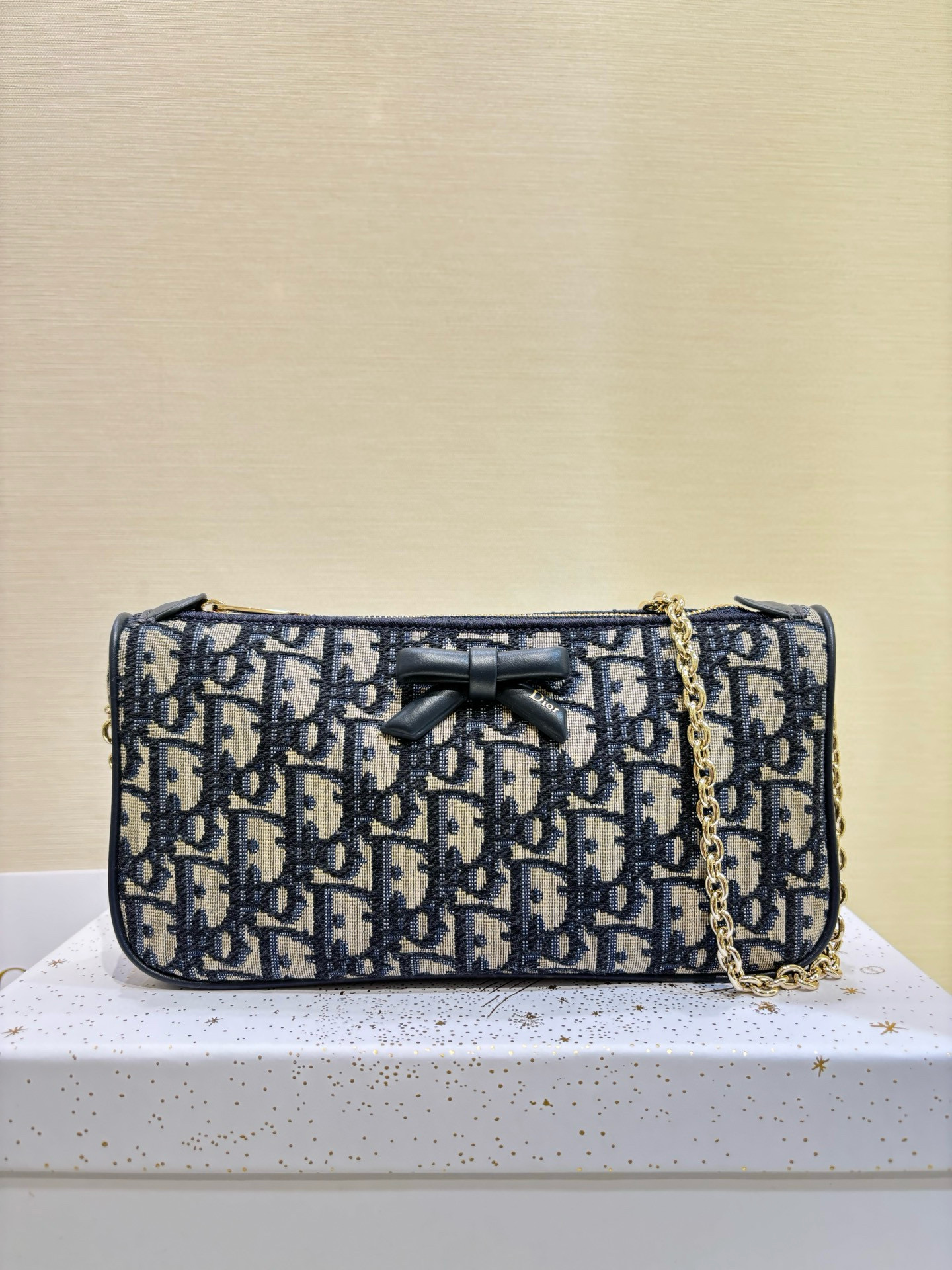 디올 Dior Promenade Bow Chain Pouch Dior Oblique Jacquard Blue 22cm