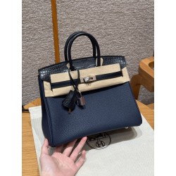 에르메스 Hermes Birkin 25cm Togo and Alligator 73 Blue Saphir/silver