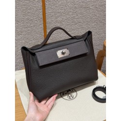 에르메스 Hermes Kelly 2424 29cm evercolor and swift 47 Chocolate/silver