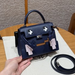 에르메스 Hermes Kelly Doll picto 16.5cm Epsom and Alligator 73 Blue Saphir and 89 Noir/silver