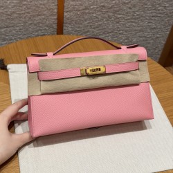 에르메스 Hermes Kelly Pochette 22cm Epsom 1Q Rose confetti/gold