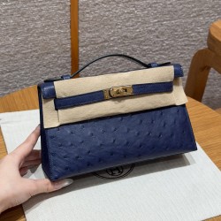에르메스 Hermes Kelly Pochette 22cm KK ostrich 73 Blue Saphir/gold