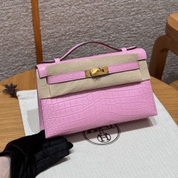 에르메스 Hermes Kelly Pochette 22cm Porosus Crocodile 5P Pink/gold