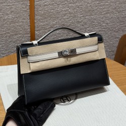 에르메스 Hermes Kelly Pochette 22cm Swift 89 Noir and 8L Beton/silver