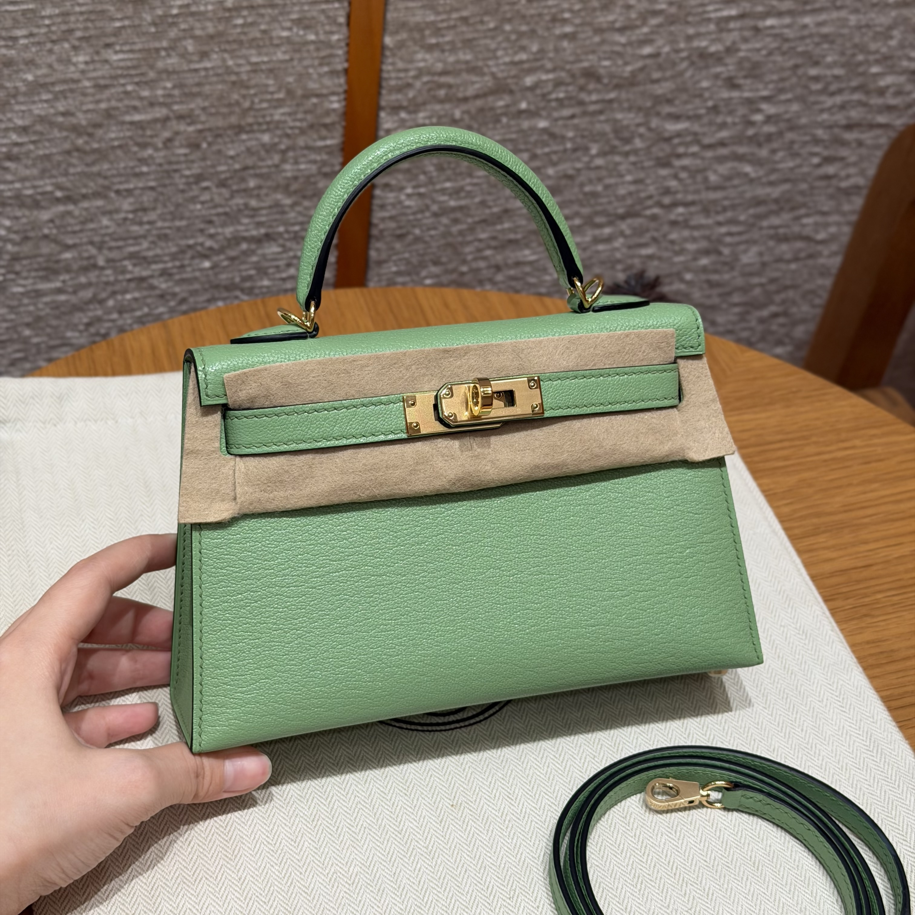 에르메스 Hermes Mini Kelly 19cm Chèvre 3i Vert Criquent/gold