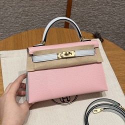 에르메스 Hermes Mini Kelly 19cm Chèvre 3Q Rose Sakura and T0 Blue Brume/gold