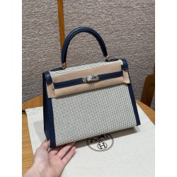 에르메스 Hermes Toile H Kelly 25cm Swift and Canvas 73 Blue Saphir/silver