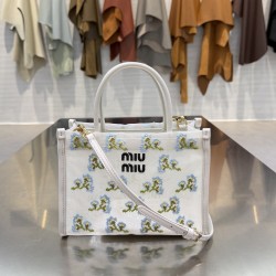 미우 미우 Miu Miu 5BA310 Embroidered Mesh Top Handle Bag White