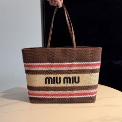 미우 미우 Miu Miu 5BG228 Raffia-Effect Woven Tote Bag Tobacco Strawberry Natural 40cm