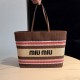 미우 미우 Miu Miu 5BG228 Raffia-Effect Woven Tote Bag Tobacco Strawberry Natural 40cm