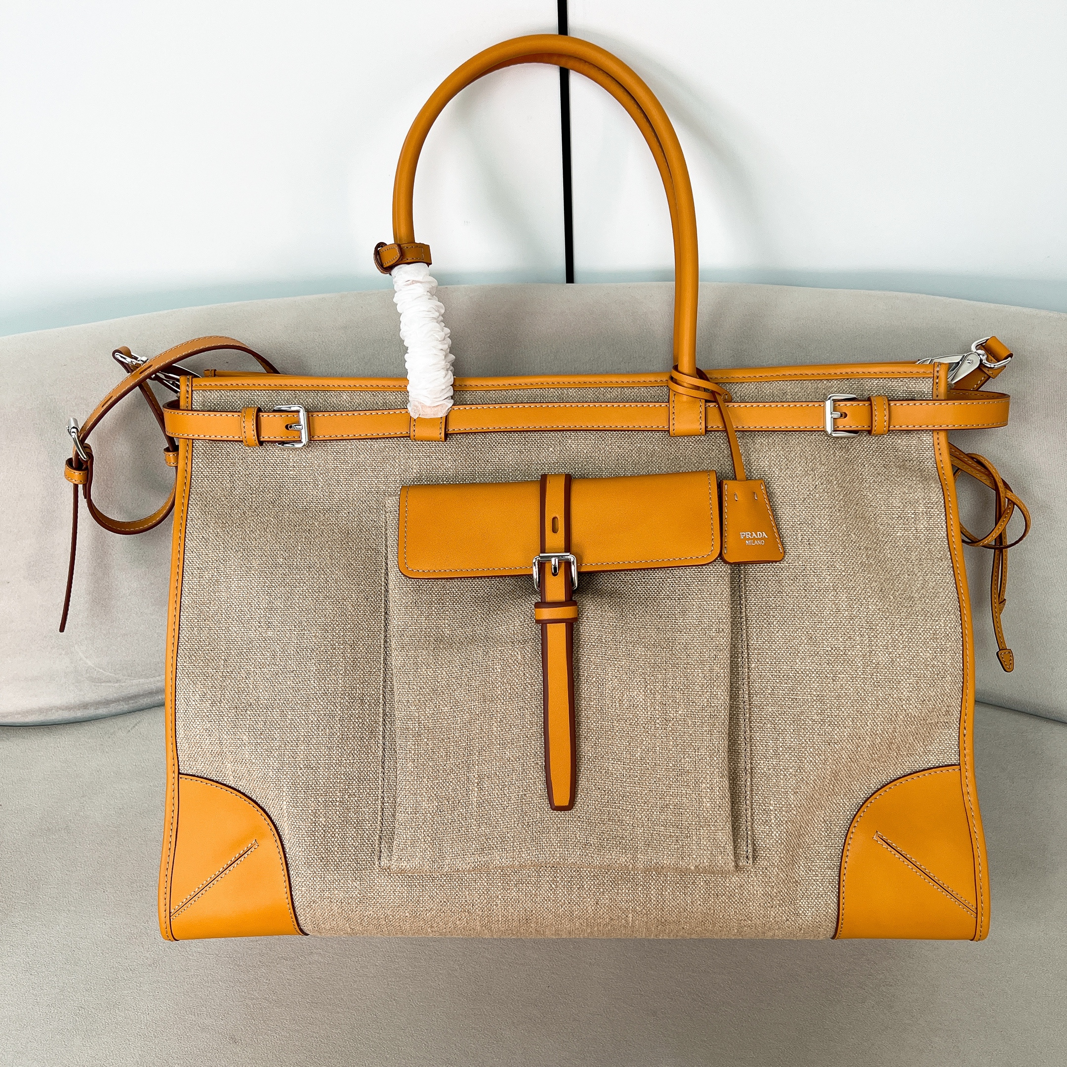 프라다 Prada 2VG128 Bonnie linen and leather tote bag Rope Natural 50cm