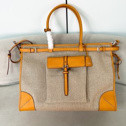 프라다 Prada 2VG128 Bonnie linen and leather tote bag Rope Natural 50cm