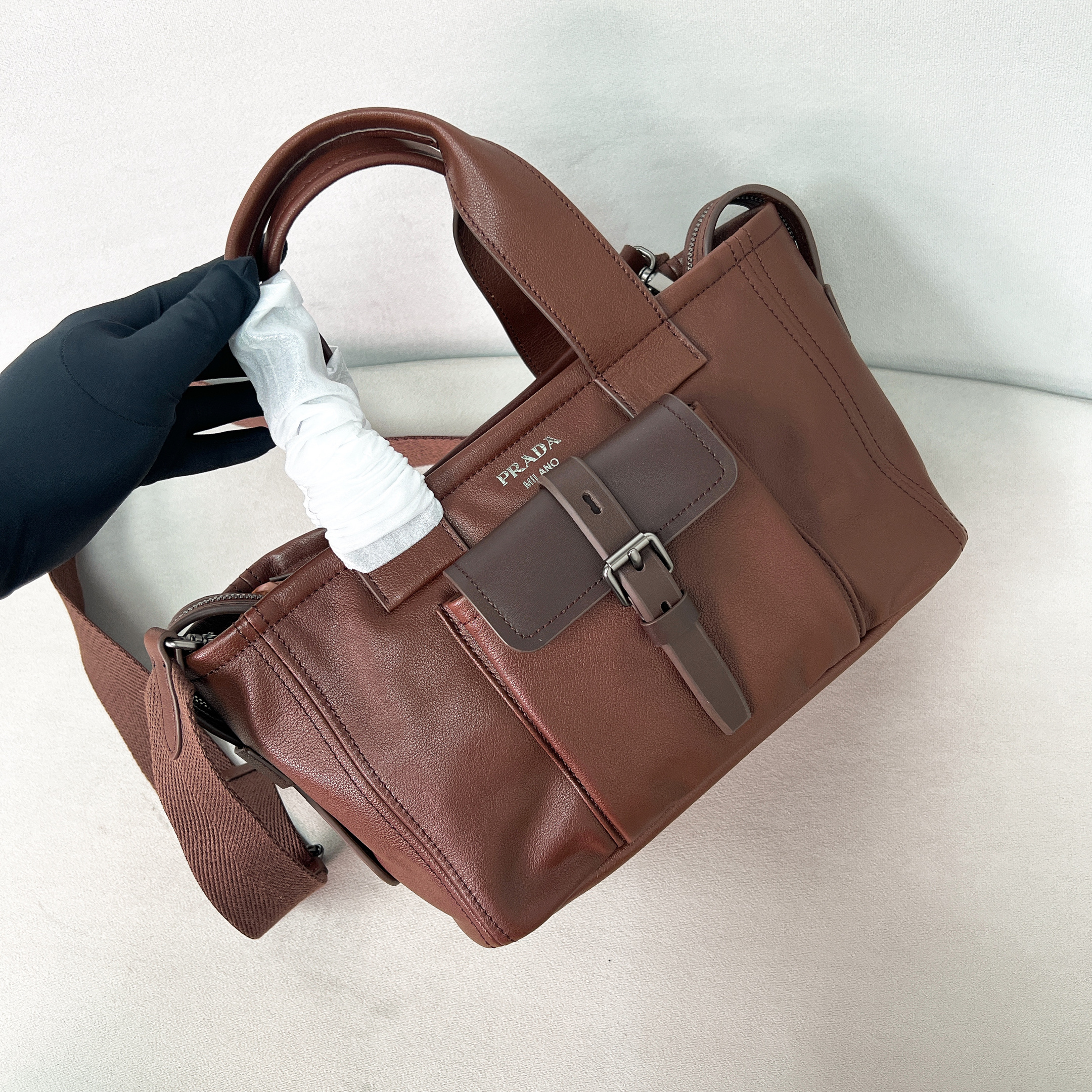 프라다 Prada 1BG660 Route medium leather tote bag Cocoa Brown 28cm
