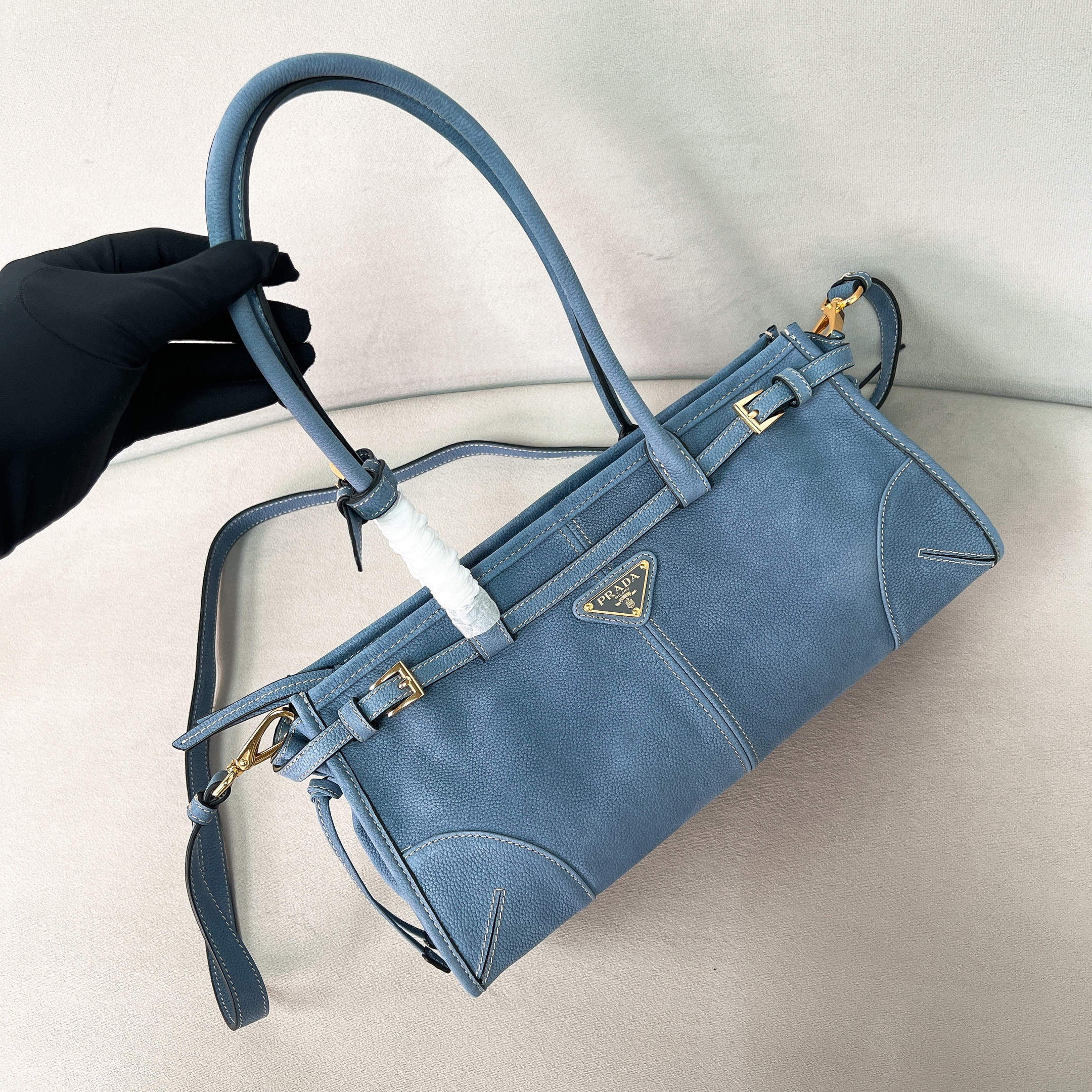 프라다 Prada 1BA426 Bonnie medium nubuck leather handbag Aviation Blue 32cm