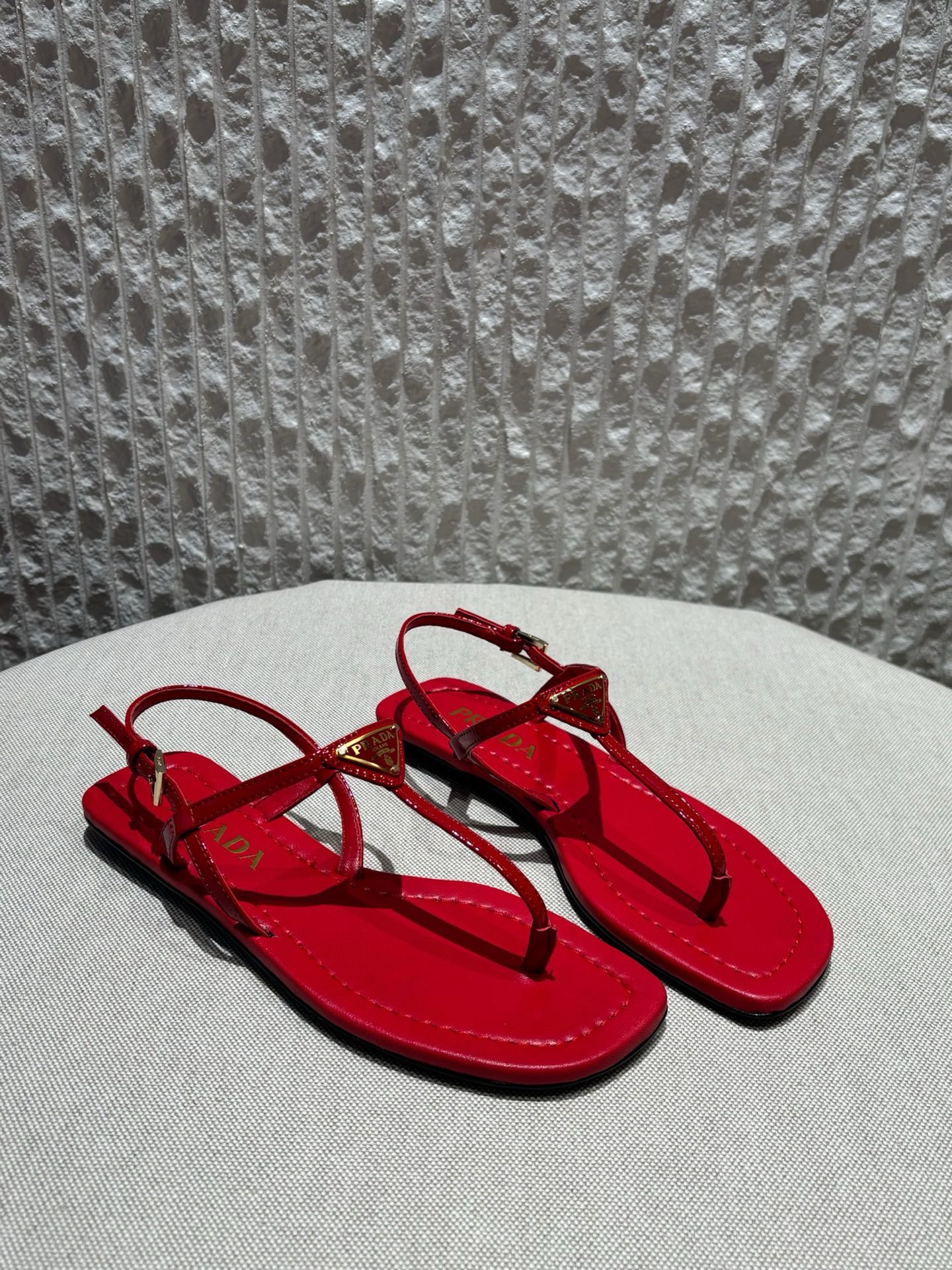 프라다 Prada Triangle Logo T-Strap Flat Sandals Red