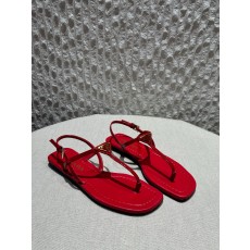 프라다 Prada Triangle Logo T-Strap Flat Sandals Red
