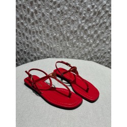 프라다 Prada Triangle Logo T-Strap Flat Sandals Red