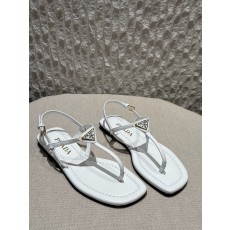 프라다 Prada Triangle Logo T-Strap Flat Sandals White