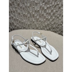 프라다 Prada Triangle Logo T-Strap Flat Sandals White