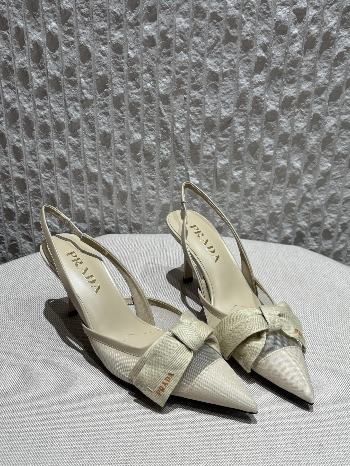 프라다 Prada Mesh fabric slingback pumps Apricot 7.5cm