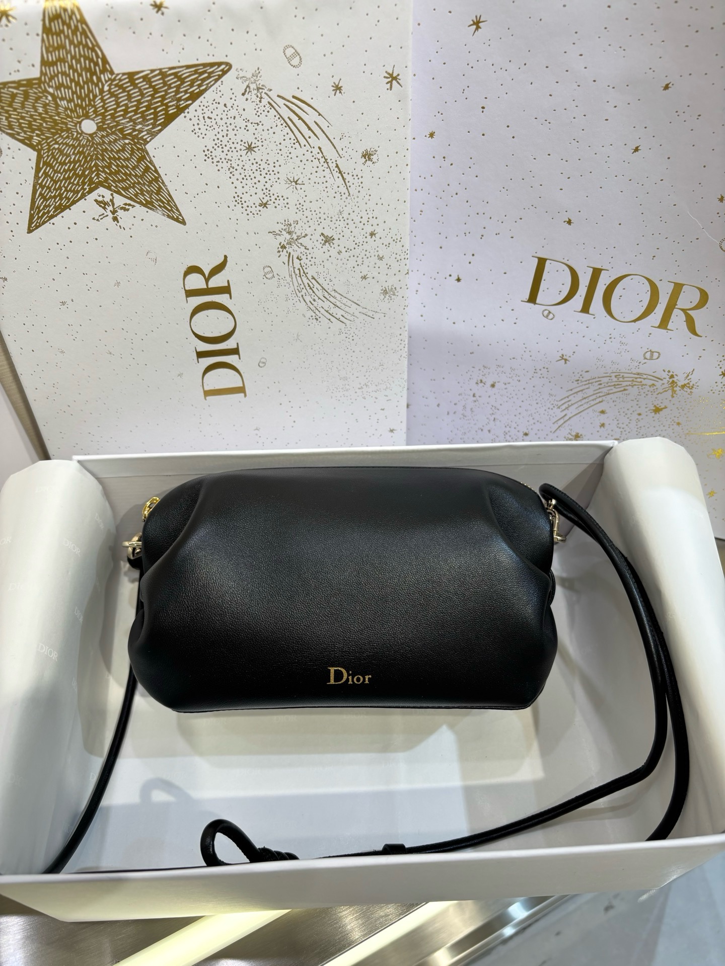 디올 Dior Bow Pouch Suede Lambskin Black 20cm
