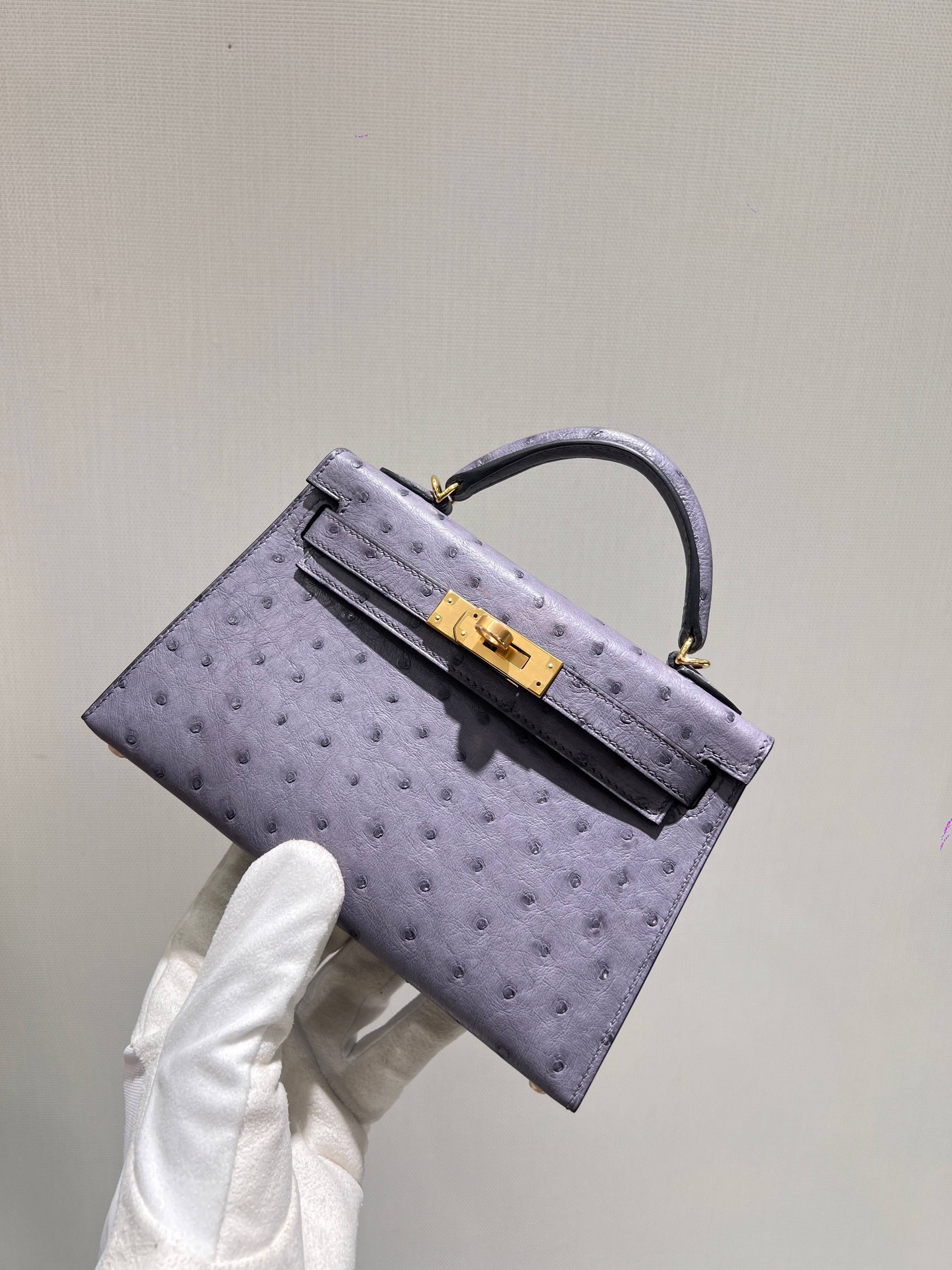 에르메스 Hermes Mini Kelly KK ostrich 82 Gris Agathe/gold