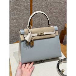 에르메스 Hermes Kelly 25cm Epsom 8U Blue Glacier and 10 Craie/gold
