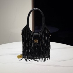 미우 미우 Miu Miu 5BA281 Ivy 사틴 핸드백 크리스탈 앤 시퀸 프린지 Black 20cm