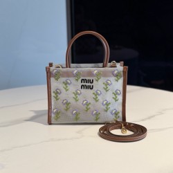 미우 미우 Miu Miu 5BA310 Embroidered Mesh Top Handle Bag Brown 19.5cm