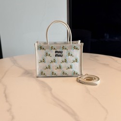 미우 미우 Miu Miu 5BA310 Embroidered Mesh Top Handle Bag White 19.5cm