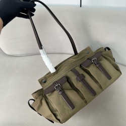 프라다 Prada 1BG644 Route large Canvas and leather tote bag Green 34cm