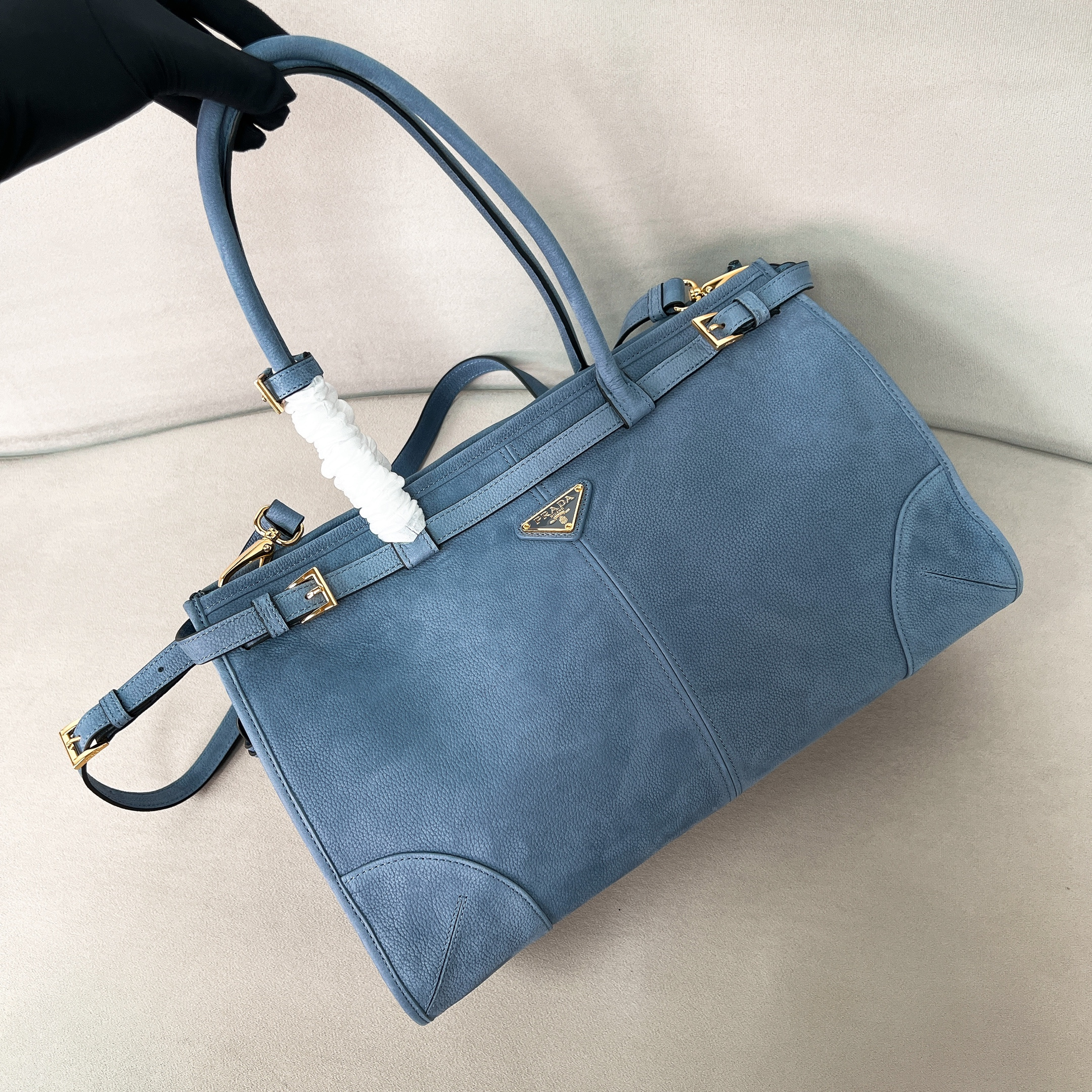 프라다 Prada 1BA433 Bonnie large nubuck leather handbag Blue 38cm