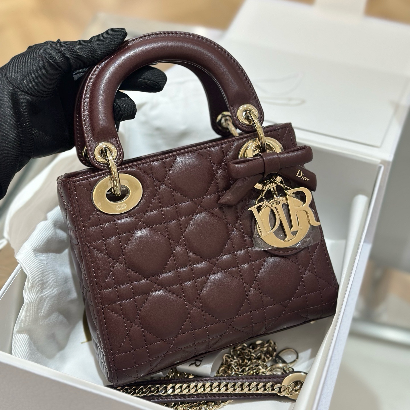 디올 Dior Mini Lady Dior Bag Wine red 17cm