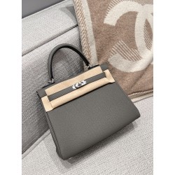 에르메스 Hermes Kelly 25cm Togo Grade 1 0L Gris Meyer/silver (Fil Au Chinois)