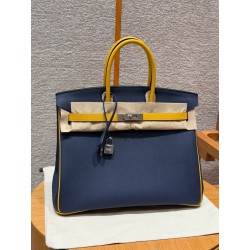 에르메스 Hermes Birkin 35cm Epsom Sellier 73 Blue Saphir and 9D Jaune Amber/silver
