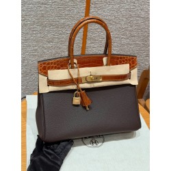 에르메스 Hermes Birkin Touch 30cm Togo and Niloticus 47 Chocolate and 33 Miel/gold