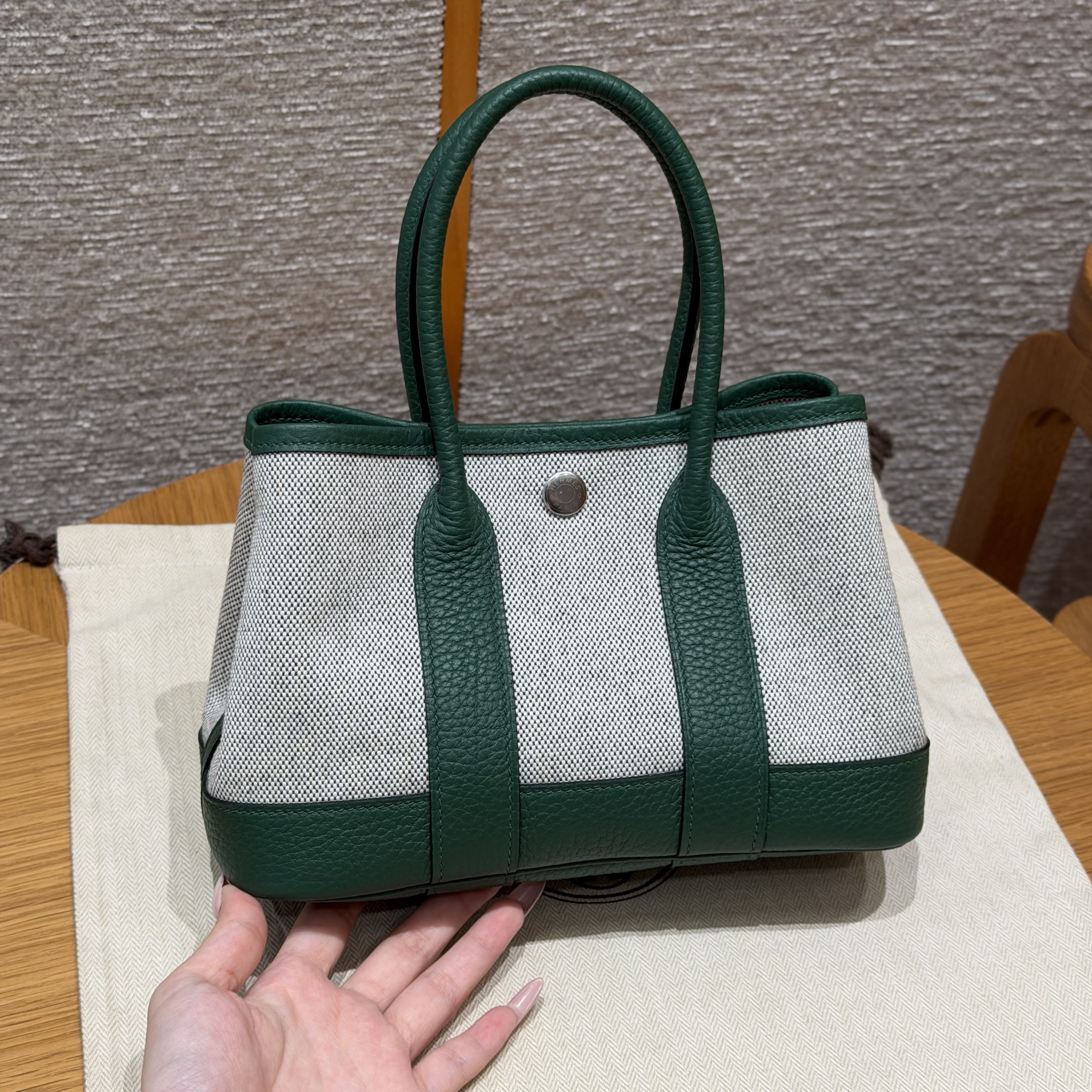 에르메스 Hermes Garden party mini 23cm Canbas and Negonda ecru Vert Moyen Vert Moyen