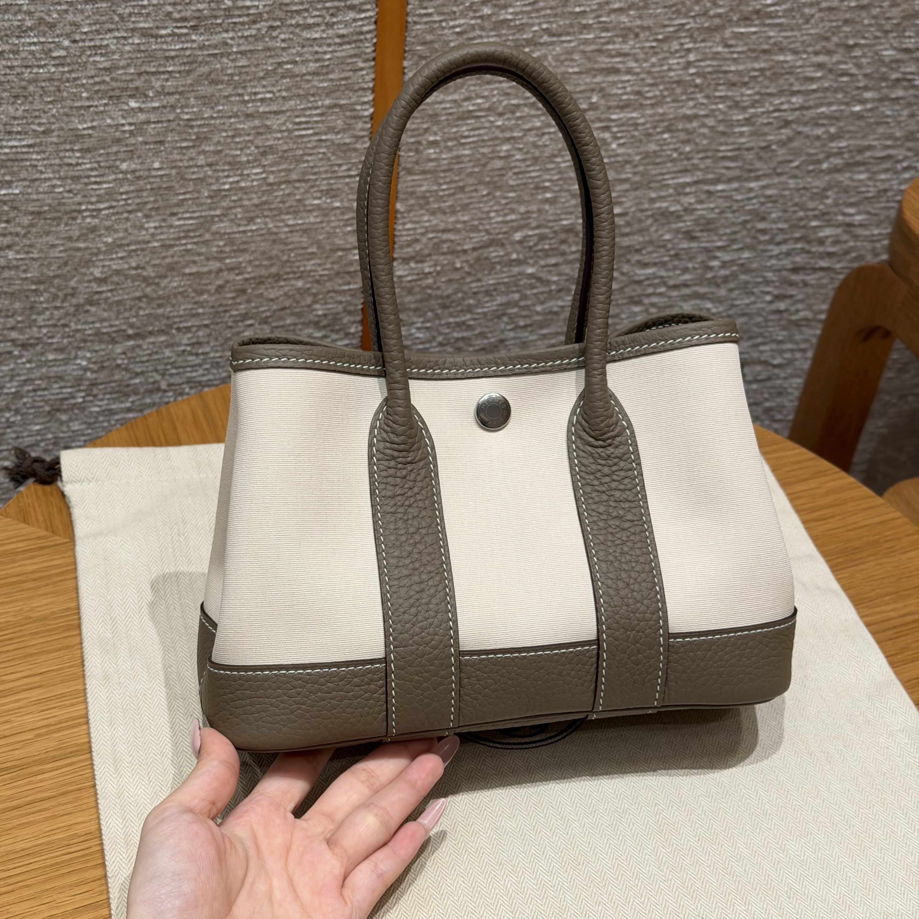 에르메스 Hermes Garden party mini 23cm Canbas and Negonda Vanille Etoupe Etoupe