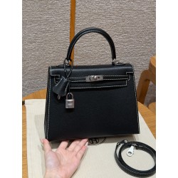에르메스 Hermes Kelly 25cm Chèvre 89 Noir and 80 Pearl Gray/silver