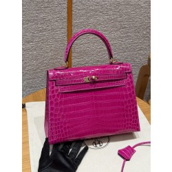 에르메스 Hermes Kelly 25cm Porosus crocodile J5 Rose Scheherazade/gold