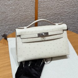 에르메스 Hermes Kelly Pochette 22cm KK Ostrich 8L Beton/silver